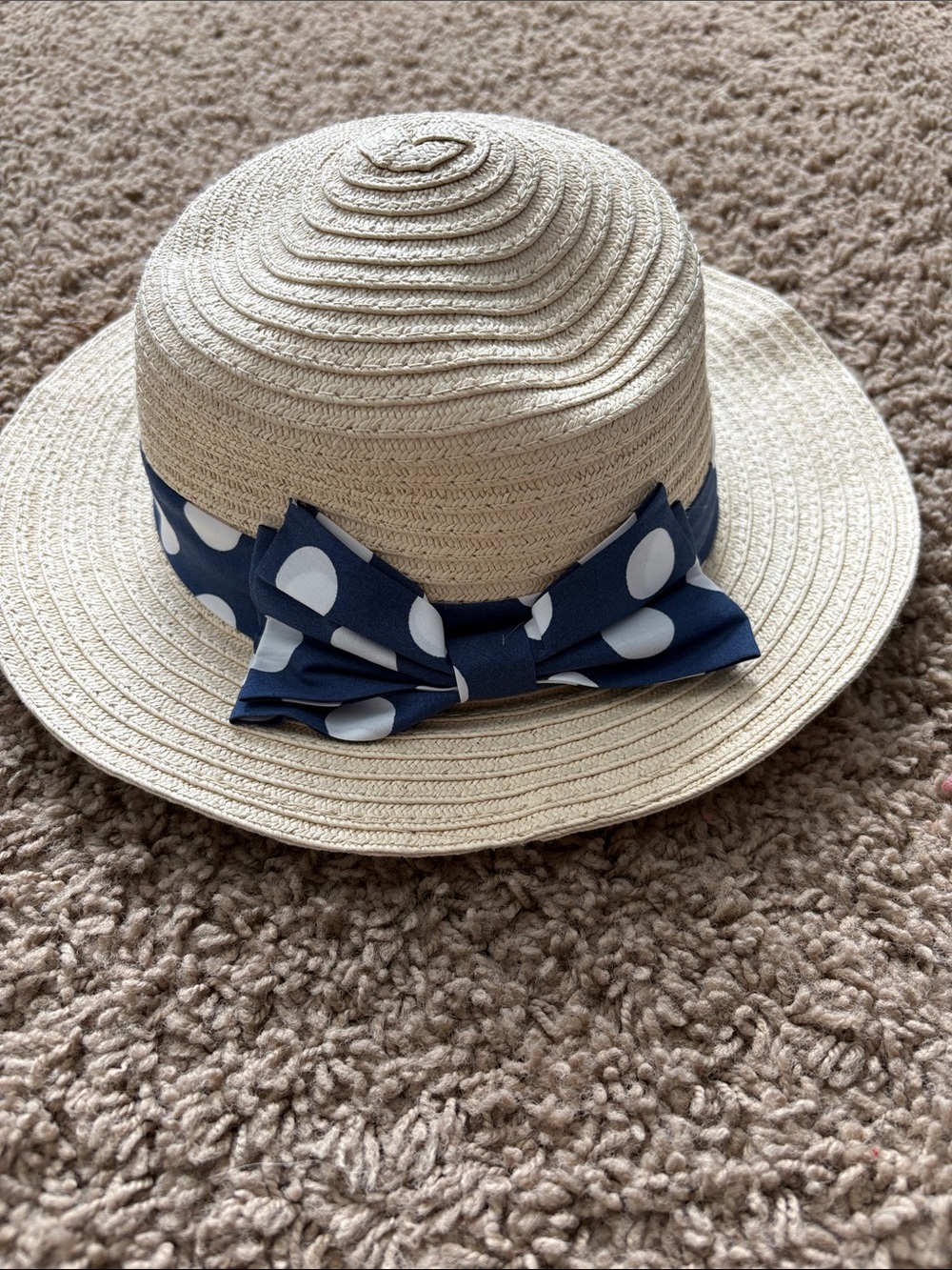 Girls' Cream Straw Sun Hat with Navy Polka Dot Bow